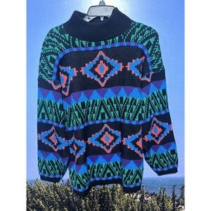 Vintage 1992 Croquet Club  Acrylic‎ Knit Pullover Turtleneck M Bright Colors